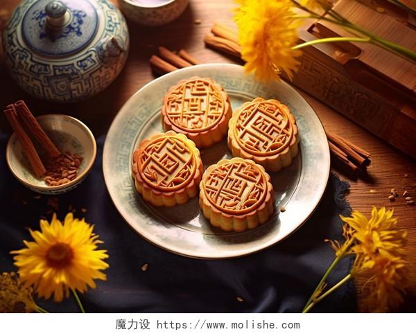 中秋月饼摆放在桌上的的月饼中国传统食物节日八月中秋月饼糕点配图美食